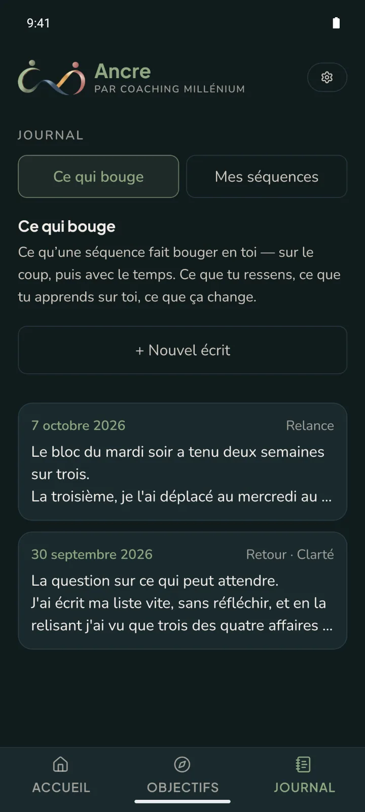 Le journal d'Ancre, onglet Ce qui bouge, avec un retour et une relance.