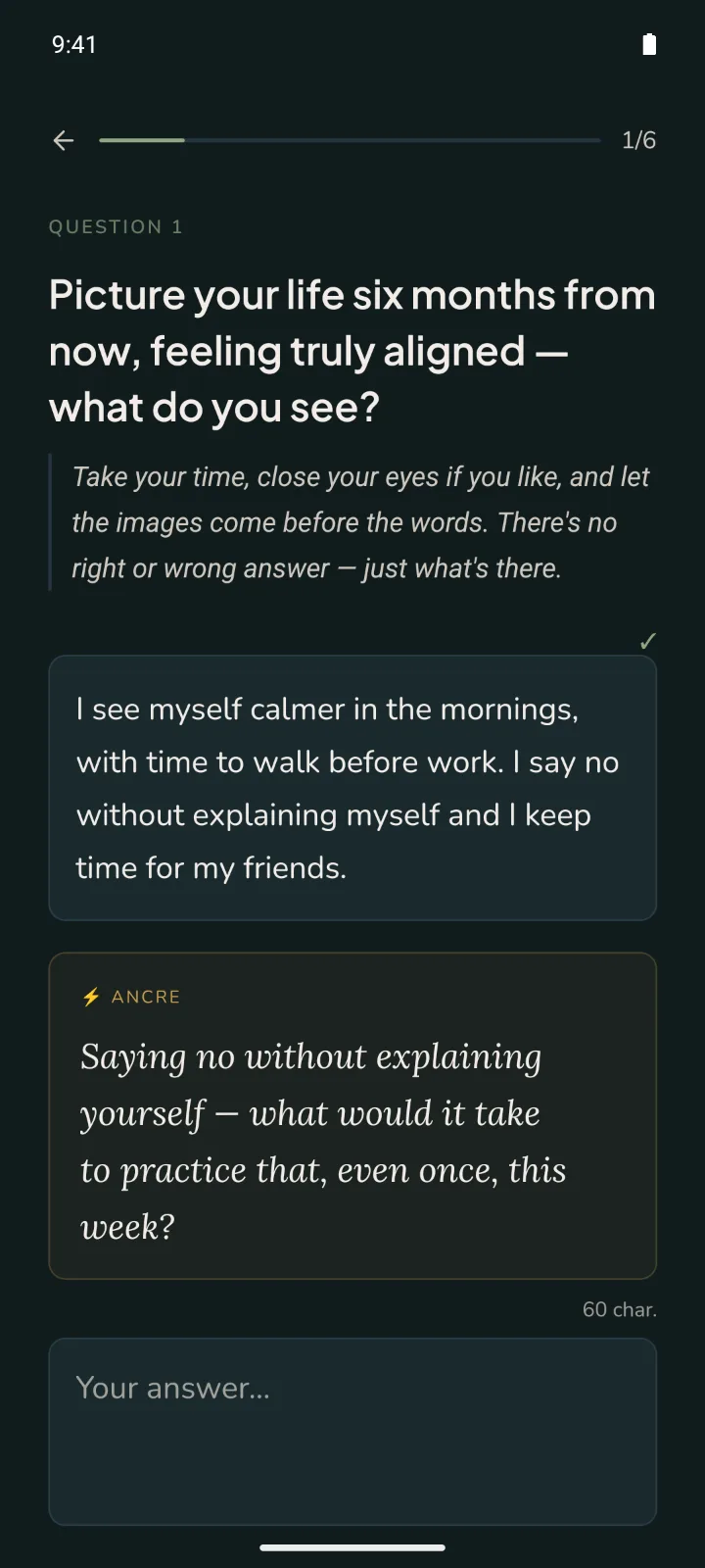 A question from the Clarity sequence in Ancre, the written answer, and the follow-up question Ancre asks from that answer.
