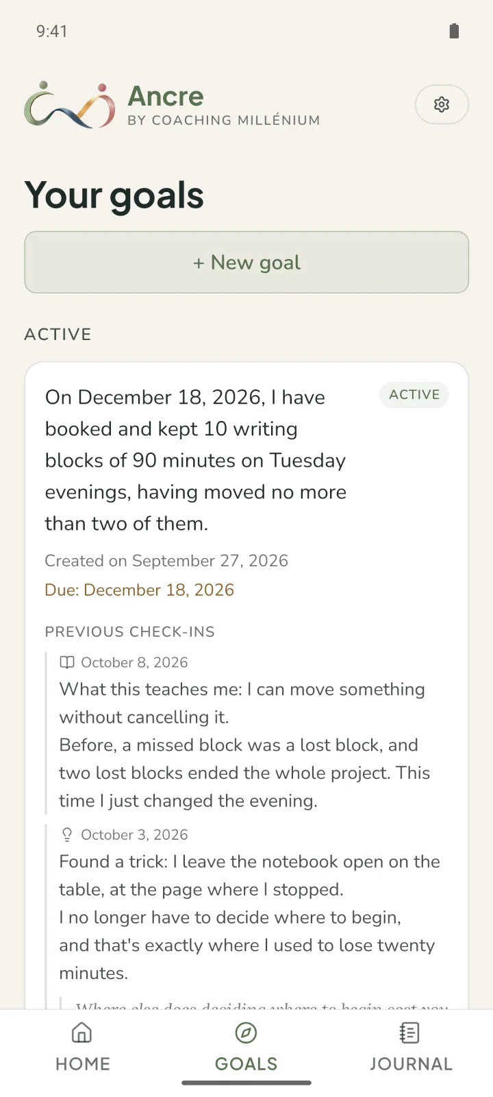 The goals screen in Ancre: a dated goal, its deadline and its check-ins.